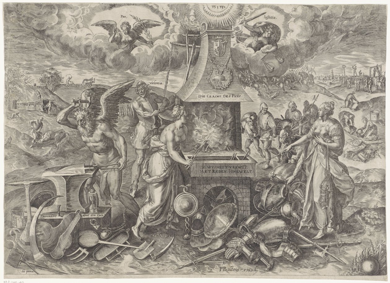 Fredens kraft, 1577 Die Cracht des Peys (tittel på objekt) Allegorier om den fornyede fredsperioden i Nederland (serietittel) av Wierix
