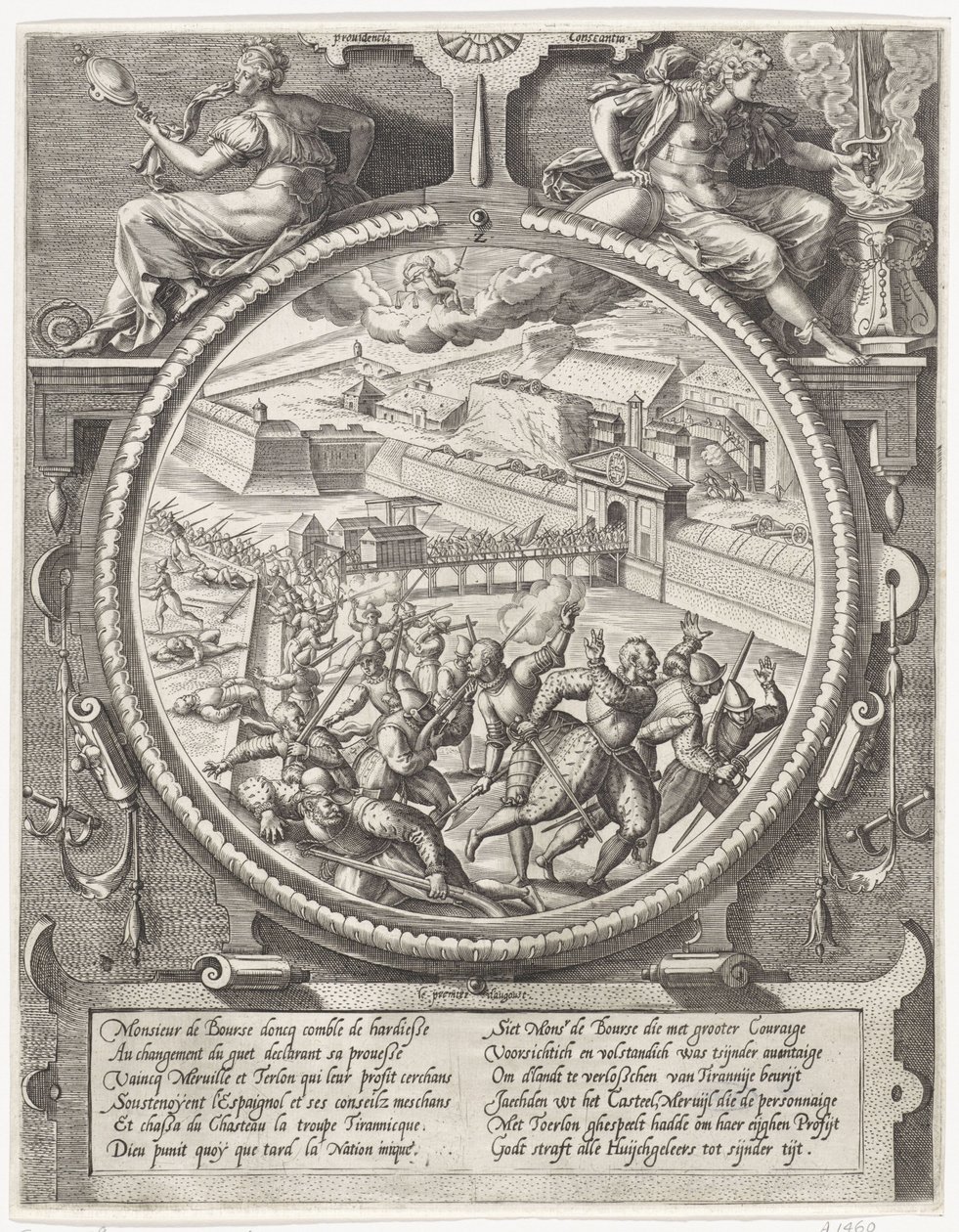Bourses tropper utviser de tyske soldatene fra Treslong og Merville fra citadellet, 1577 Medaljonger med erobringen av citadellet i Antwerpen i 1577 (serietittel) av Wierix