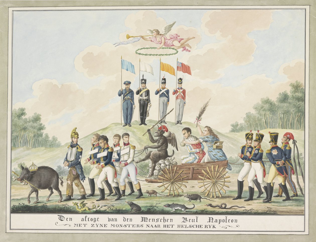 Tegneserie av Napoleons eksil til Elba, 1814 Nedstigningen av Menschen-bøddelen Napoleon med monstrene sine til det hellenske riket (tittel på objekt) av Wijnand Esser (attributed to)
