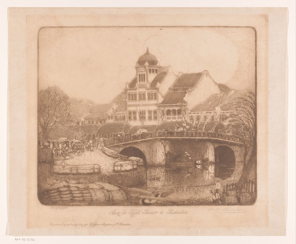 Aan de Kali Besar te Batavia (original tittel på objekt) av Wijnand Otto Jan Nieuwenkamp (signed by artist)