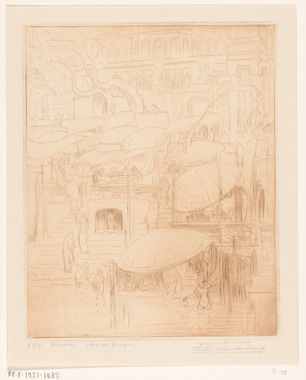 Menn og kvinner som bader og ber på bredden av Ganges i Benares Praying and Praying (original tittel) On the Ganges (tittel på objekt) av Wijnand Otto Jan Nieuwenkamp (signed by artist)