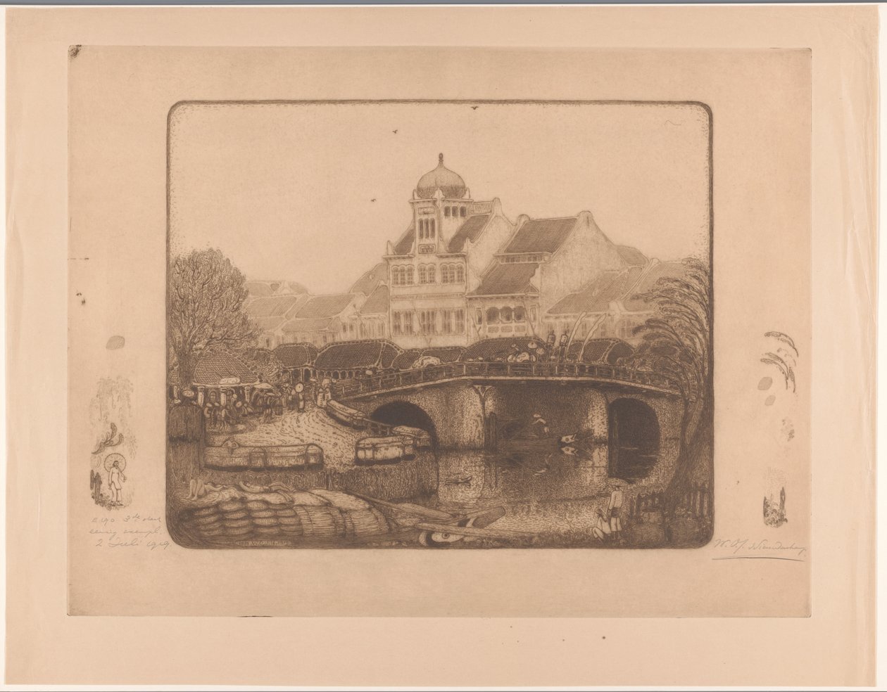 Bro og kontorbygg i Batavia På Kali Besar i Batavia (original tittel) av Wijnand Otto Jan Nieuwenkamp (signed by artist)