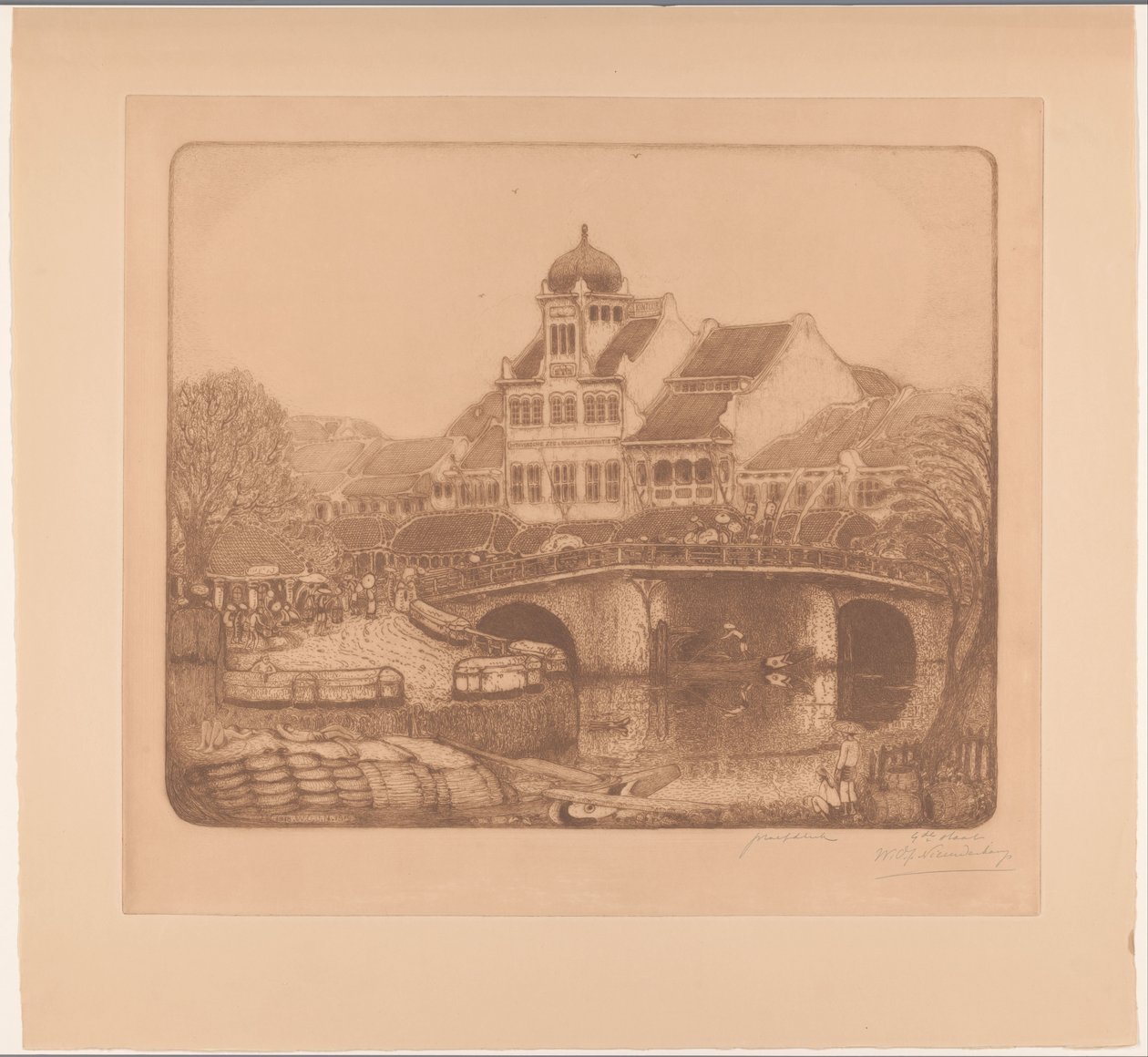 Bro og kontorbygg i Batavia På Kali Besar i Batavia (original tittel) av Wijnand Otto Jan Nieuwenkamp (signed by artist)