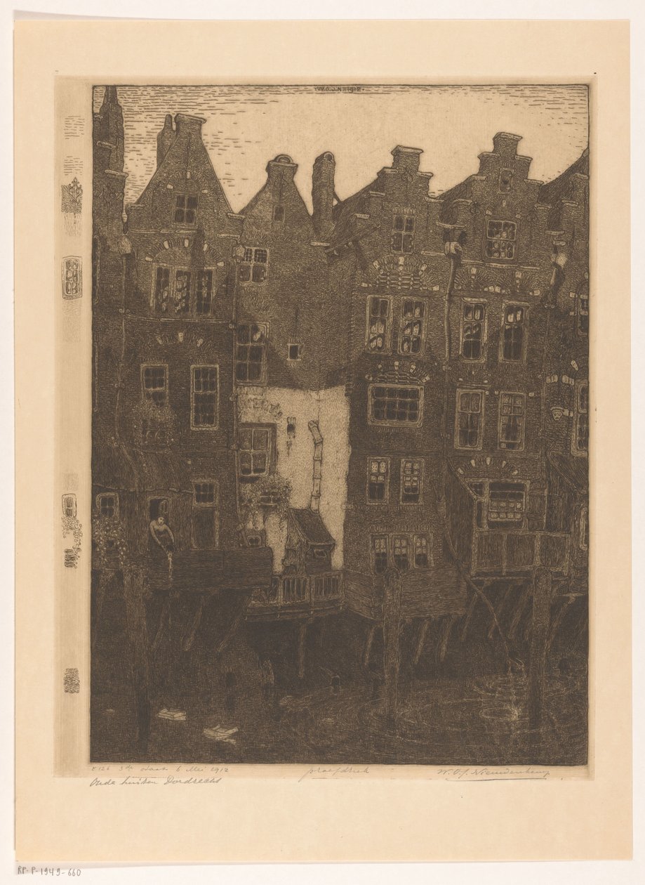 Hus ved Voorstraathaven i Dordrecht Kanalen, Dordrecht (original tittel) Gamle hus, Dordrecht (tittel på objekt) av Wijnand Otto Jan Nieuwenkamp (signed by artist)