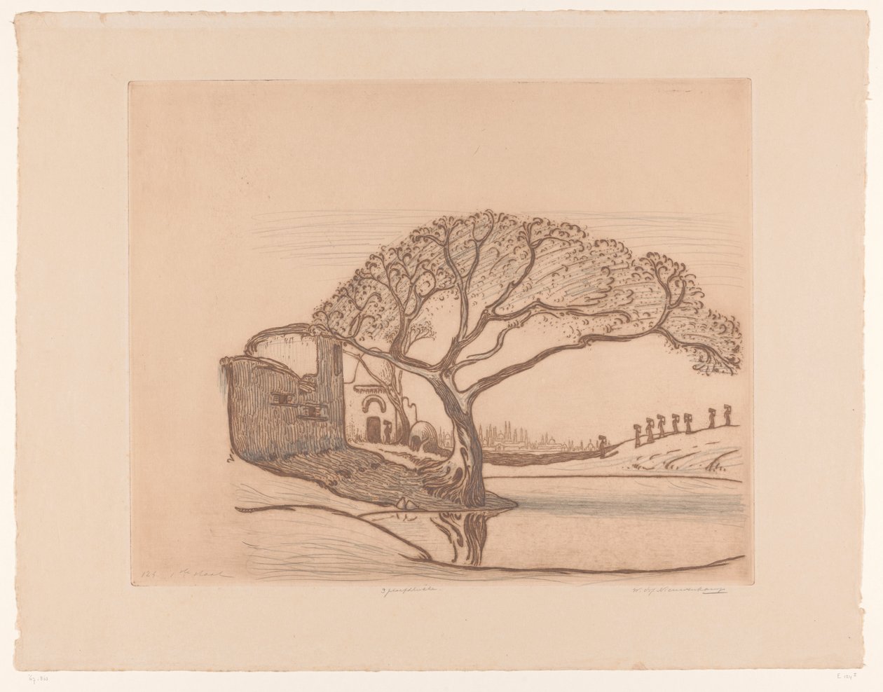 Hus, tre ved dam og kvinner med vannkrukker på hodet Nær Kairo (original tittel) av Wijnand Otto Jan Nieuwenkamp (signed by artist)