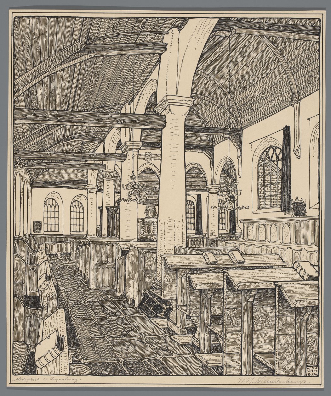 Interiør i klosterkirken i Rijnsburg av Wijnand Otto Jan Nieuwenkamp (signed by artist)