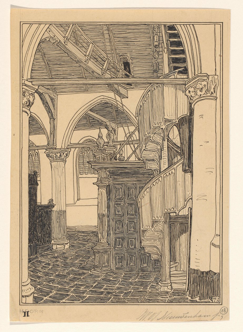 Interiør i Noorderkerk i Hoorn av Wijnand Otto Jan Nieuwenkamp (signed by artist)
