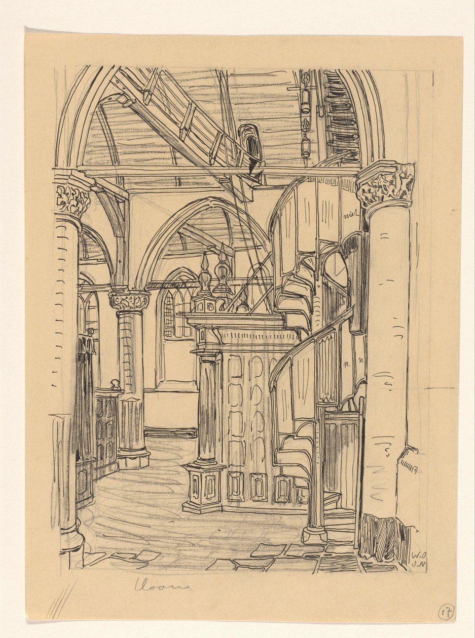 Interiør i Noorderkerk i Hoorn av Wijnand Otto Jan Nieuwenkamp (signed by artist)