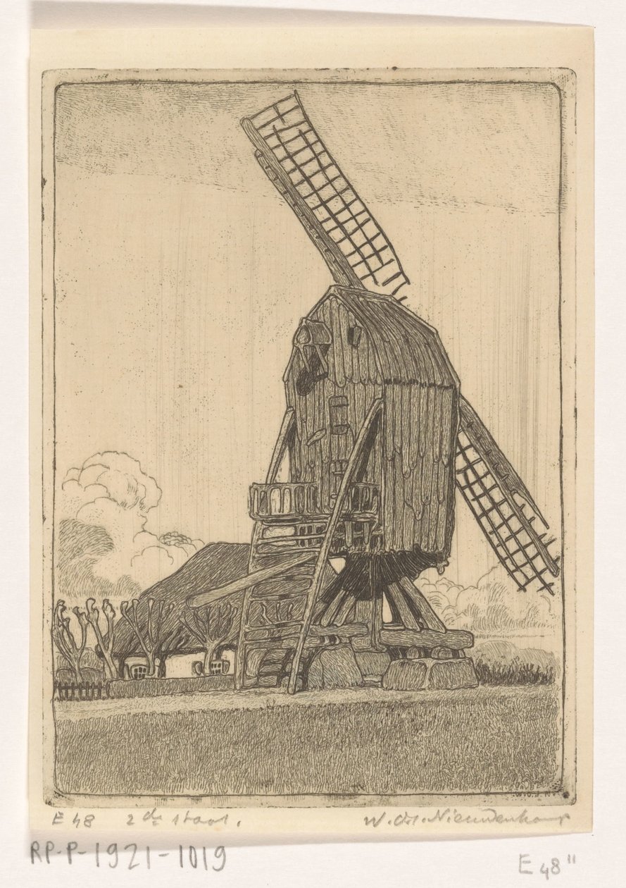 Kornmølle med to blader på Bennekom Den gamle møllen (original tittel) av Wijnand Otto Jan Nieuwenkamp (signed by artist)