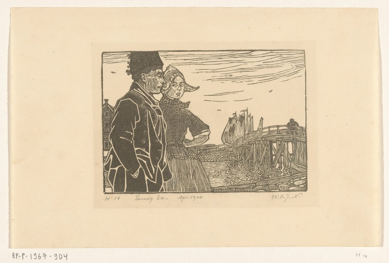 Mann og kvinne i Volendam tradisjonell drakt Paret (original tittel) av Wijnand Otto Jan Nieuwenkamp (signed by artist)
