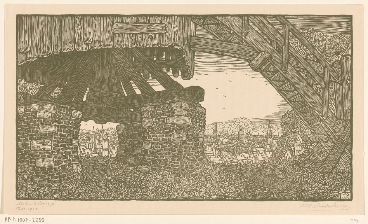 Nederste del av en melmølle i Brugge Vindmølle i Brugge (original tittel) av Wijnand Otto Jan Nieuwenkamp (signed by artist)