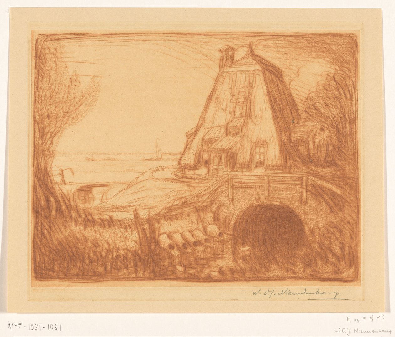 Nederste del av en vannmølle nær Gouda Den gamle vannmøllen (original tittel) av Wijnand Otto Jan Nieuwenkamp (signed by artist)