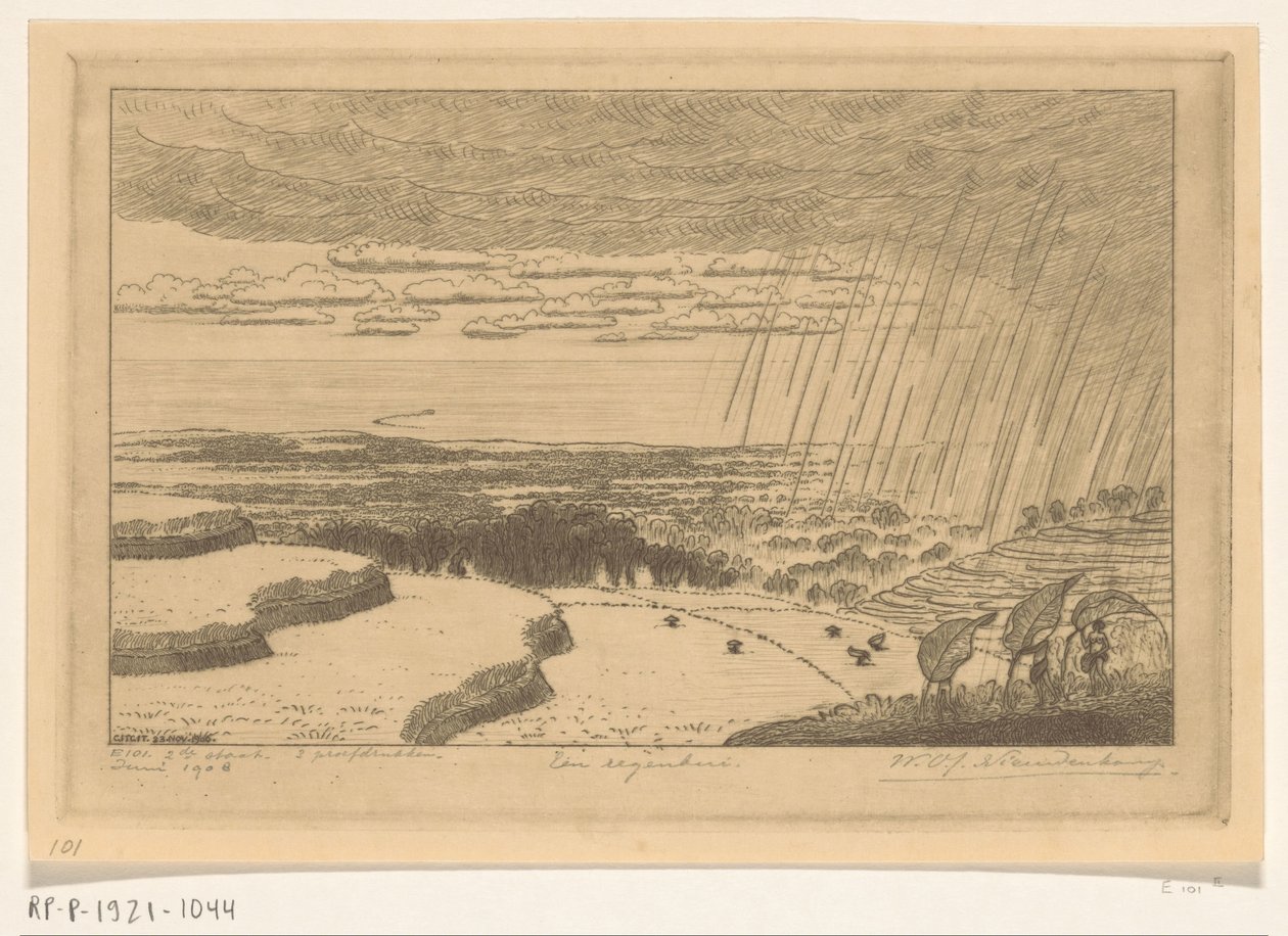 Nedbør over rismarkene ved Gitgit på Bali A Rainstorm (original tittel) av Wijnand Otto Jan Nieuwenkamp (signed by artist)