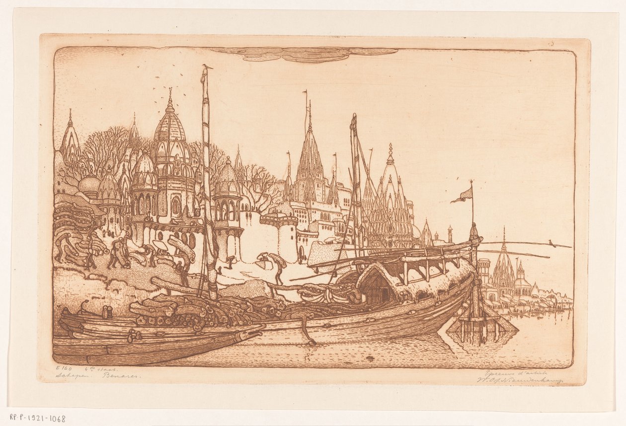 Skip med ved på bredden av Ganges i Benares Skip med ved, Benares (original tittel) Skip, Benares (tittel på objekt) av Wijnand Otto Jan Nieuwenkamp (signed by artist)