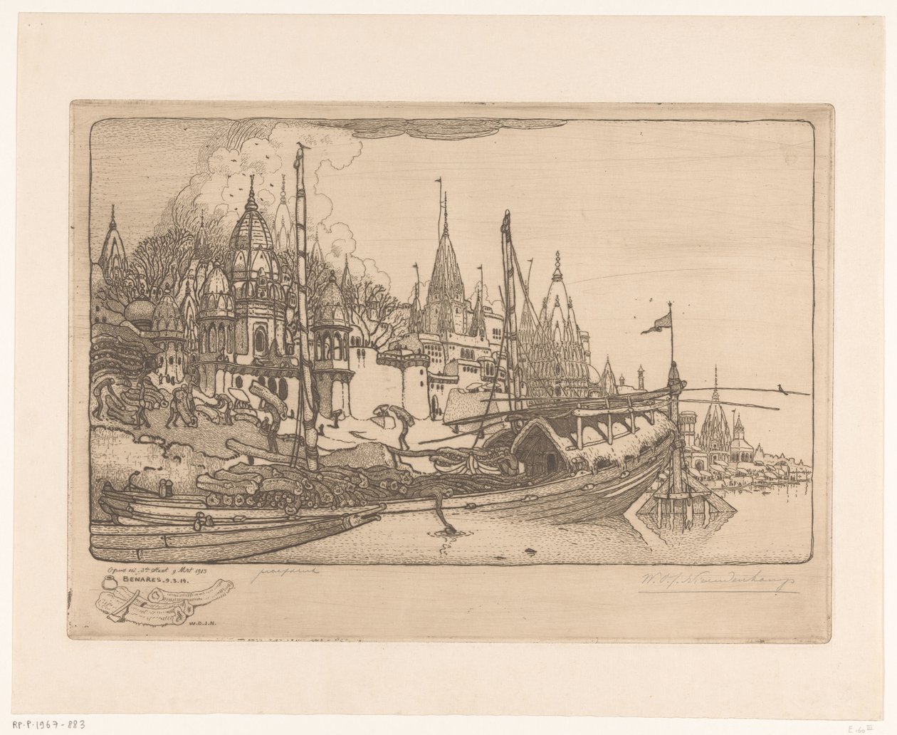 Skip med ved på bredden av Ganges i Benares Skip med ved, Benares (original tittel) av Wijnand Otto Jan Nieuwenkamp (signed by artist)