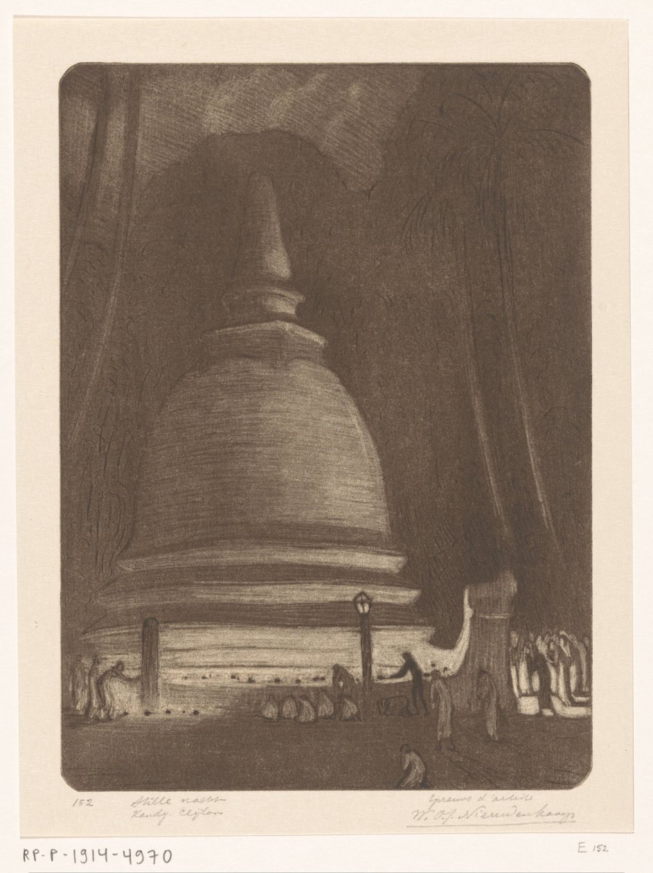 Stupa i Kandy på Sri Lanka om natten Silent Night, Kandij, Ceylon (original tittel) av Wijnand Otto Jan Nieuwenkamp (signed by artist)