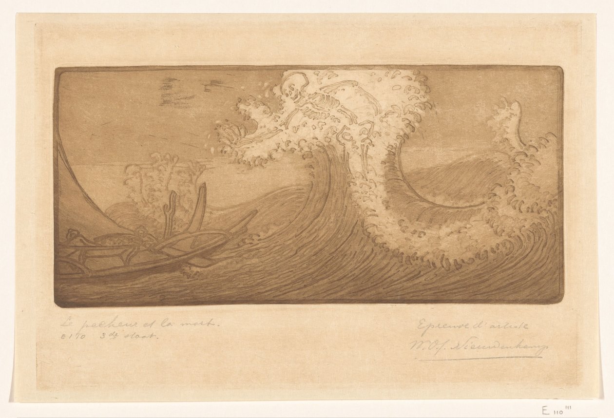 Fiskere til sjøs og død The Traveler and Death (original tittel) Le Pecheur et la Mort (tittel på objekt) av Wijnand Otto Jan Nieuwenkamp (signed by artist)