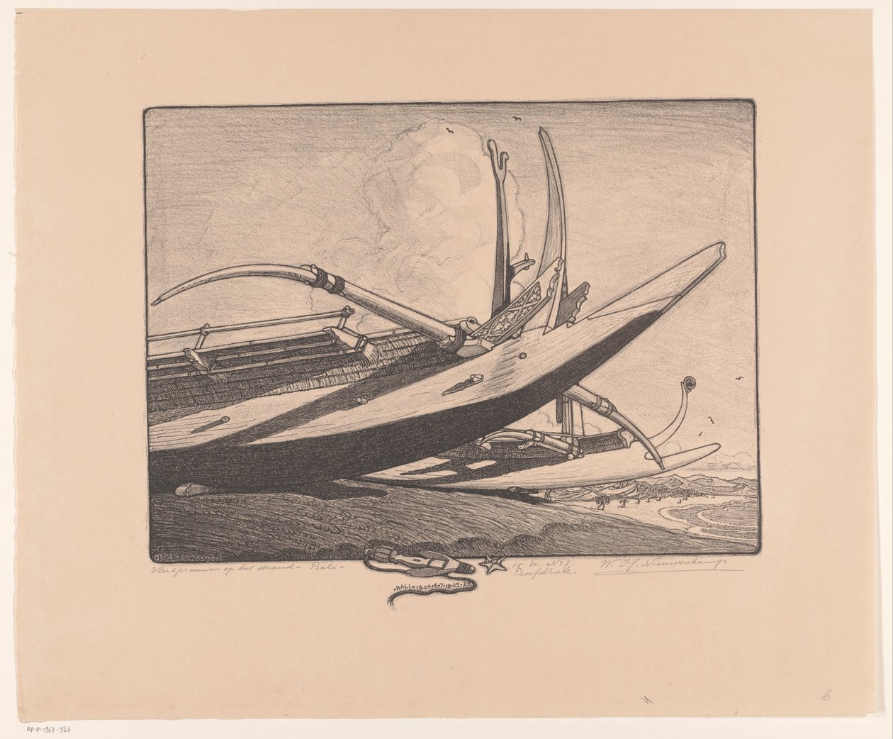 Bevinget kano på stranden - Bali (original tittel på objekt) av Wijnand Otto Jan Nieuwenkamp (signed by artist)