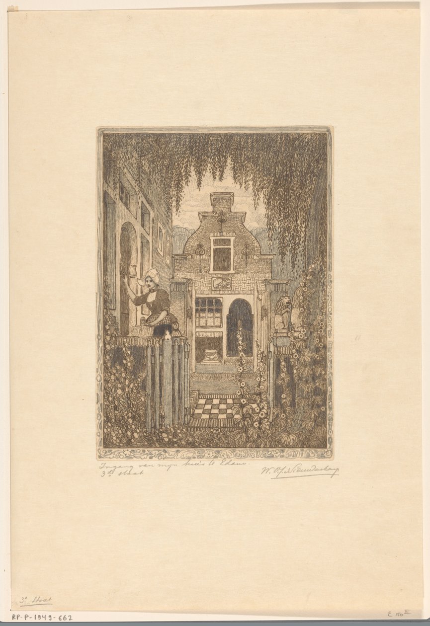 Kvinne i tradisjonell kjole banker på en inngangsdør i Edam Ved inngangsdøren (original tittel) Inngangen til huset mitt i Edam (tittel på objekt) av Wijnand Otto Jan Nieuwenkamp (signed by artist)