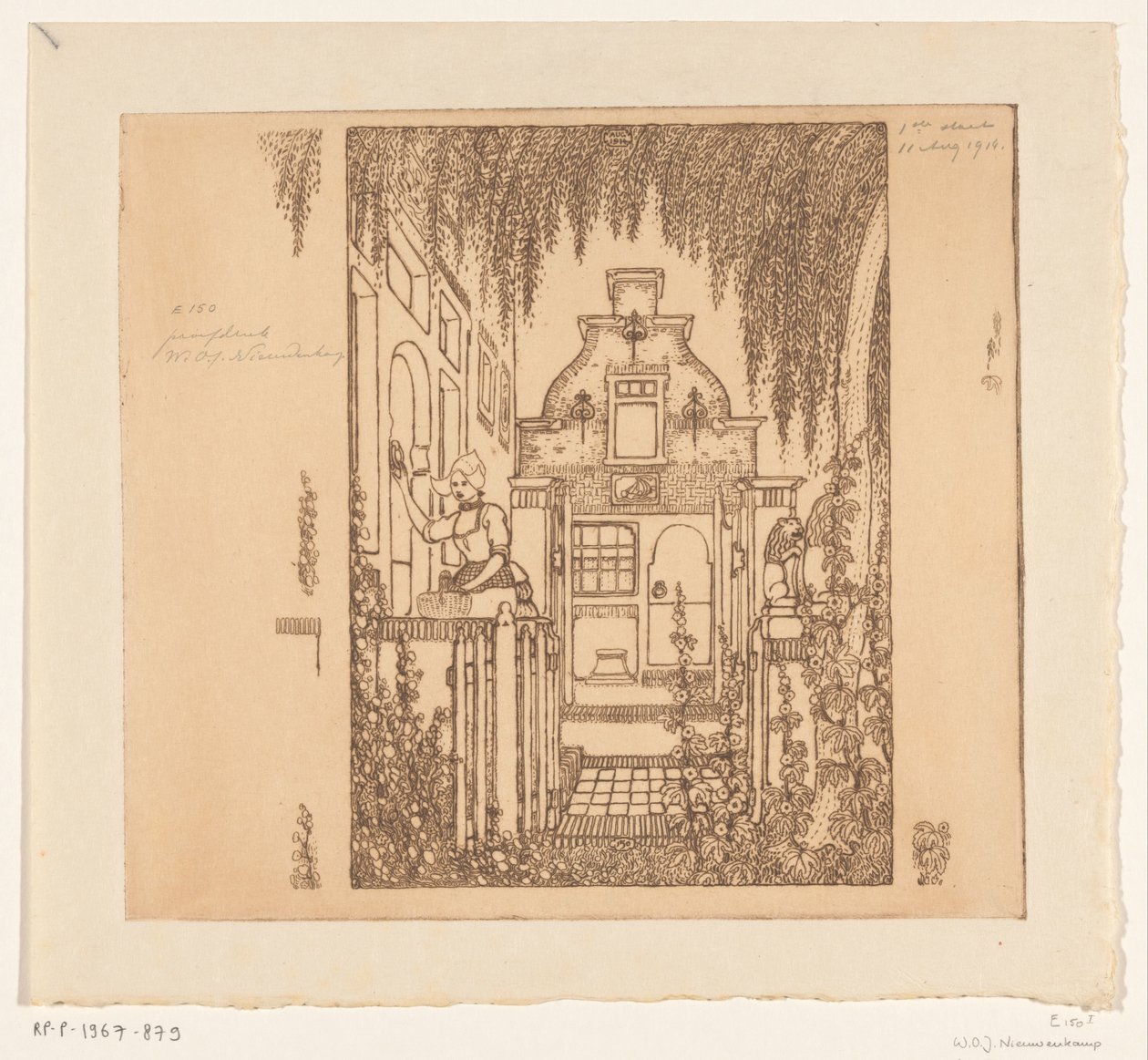 Kvinne i tradisjonell kjole banker på en inngangsdør i Edam Ved inngangsdøren (original tittel) av Wijnand Otto Jan Nieuwenkamp (signed by artist)