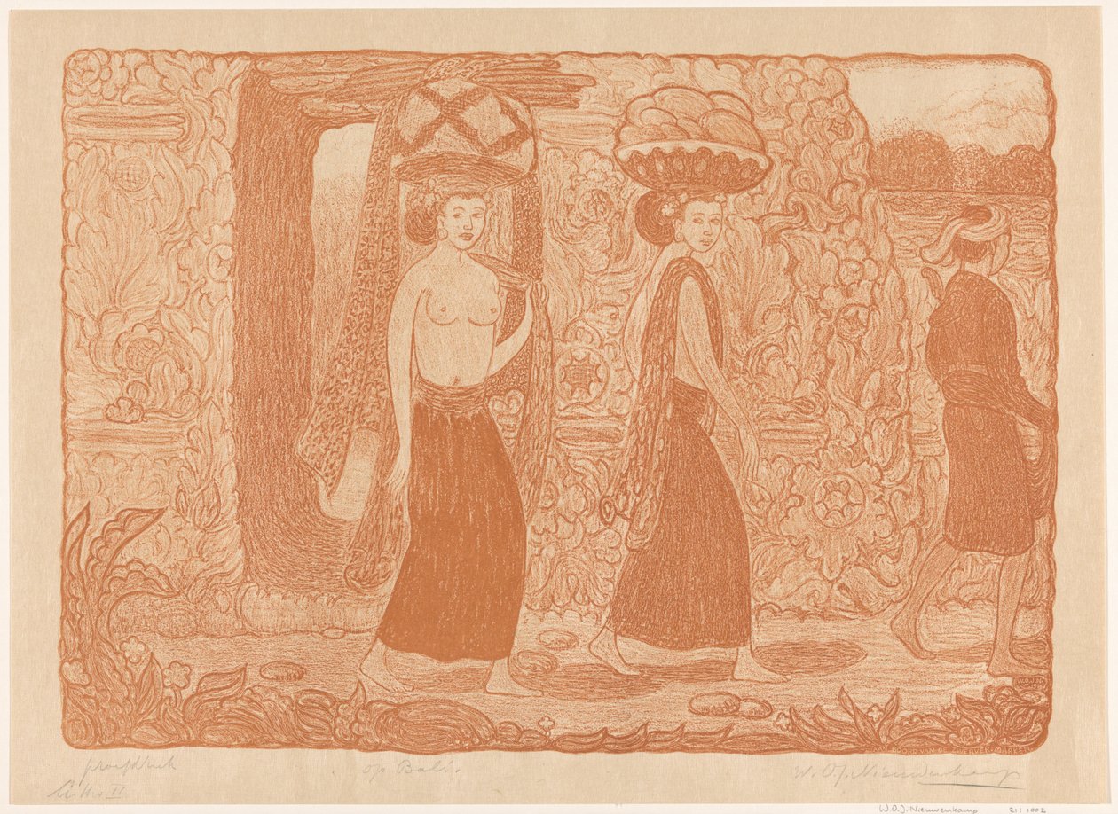 Kvinner bærer gjenstander på hodet ved et tempel på Bali I et tempel, Bali (original tittel) På Bali (tittel på objekt) av Wijnand Otto Jan Nieuwenkamp (signed by artist)