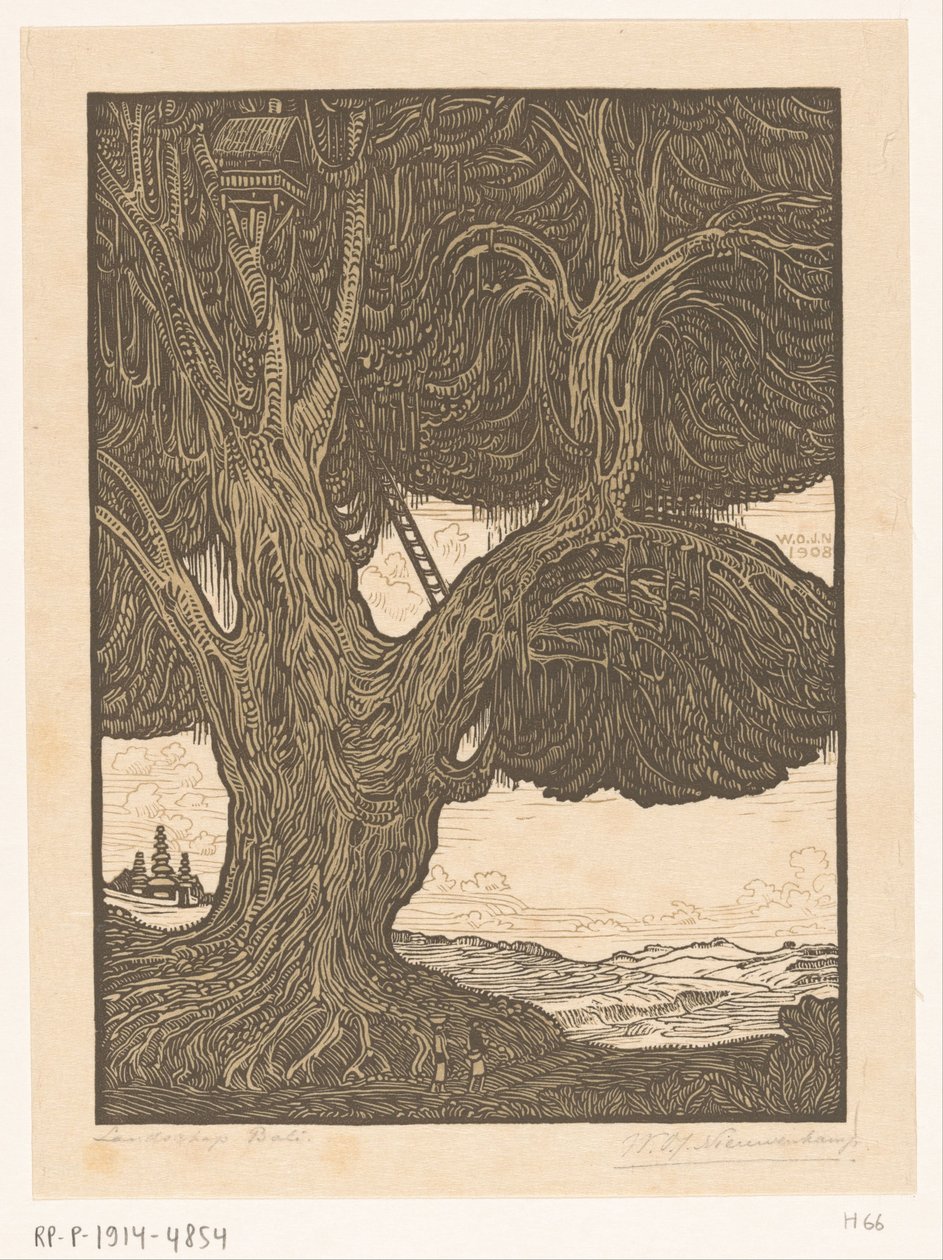 Waringin med trehytte sør på Bali Sentry Box, South Bali (original tittel) Landskap Bali (tittel på objekt) av Wijnand Otto Jan Nieuwenkamp (signed by artist)