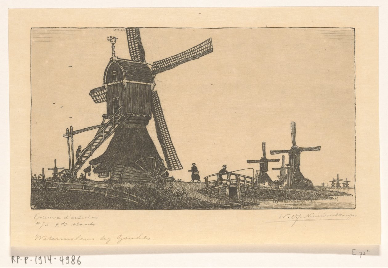 Wipmolens på Vlist mellom Haastrecht og Schoonhoven Vannmøller nær Gouda (original tittel) av Wijnand Otto Jan Nieuwenkamp (signed by artist)