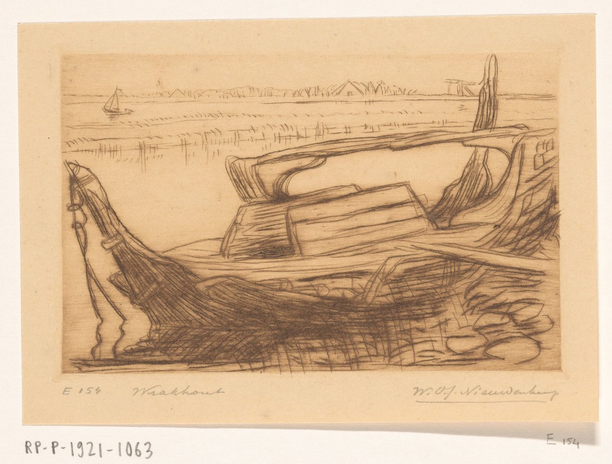 Vrak av en botter i havnen i Monnickendam Vrak (original tittel) av Wijnand Otto Jan Nieuwenkamp (signed by artist)