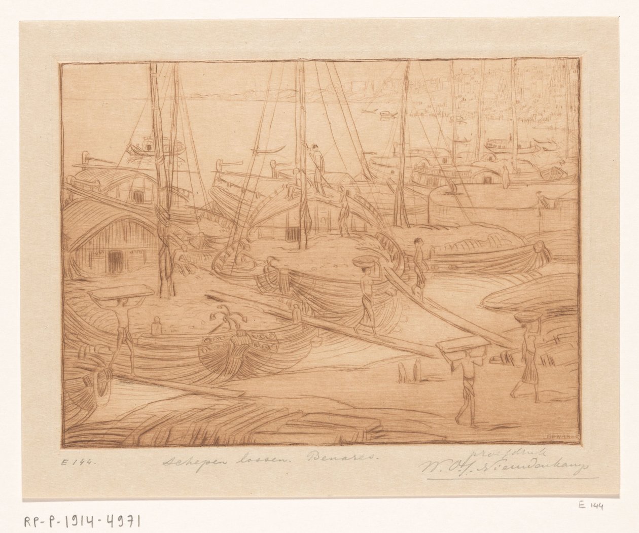 Fortøyde skip på bredden av Ganges i Benares Lossing av skip (original tittel) av Wijnand Otto Jan Nieuwenkamp