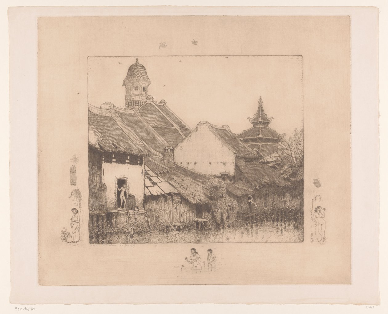 Hus og badegjester i Semarang I Kampong. Semarang (original tittel) av Wijnand Otto Jan Nieuwenkamp