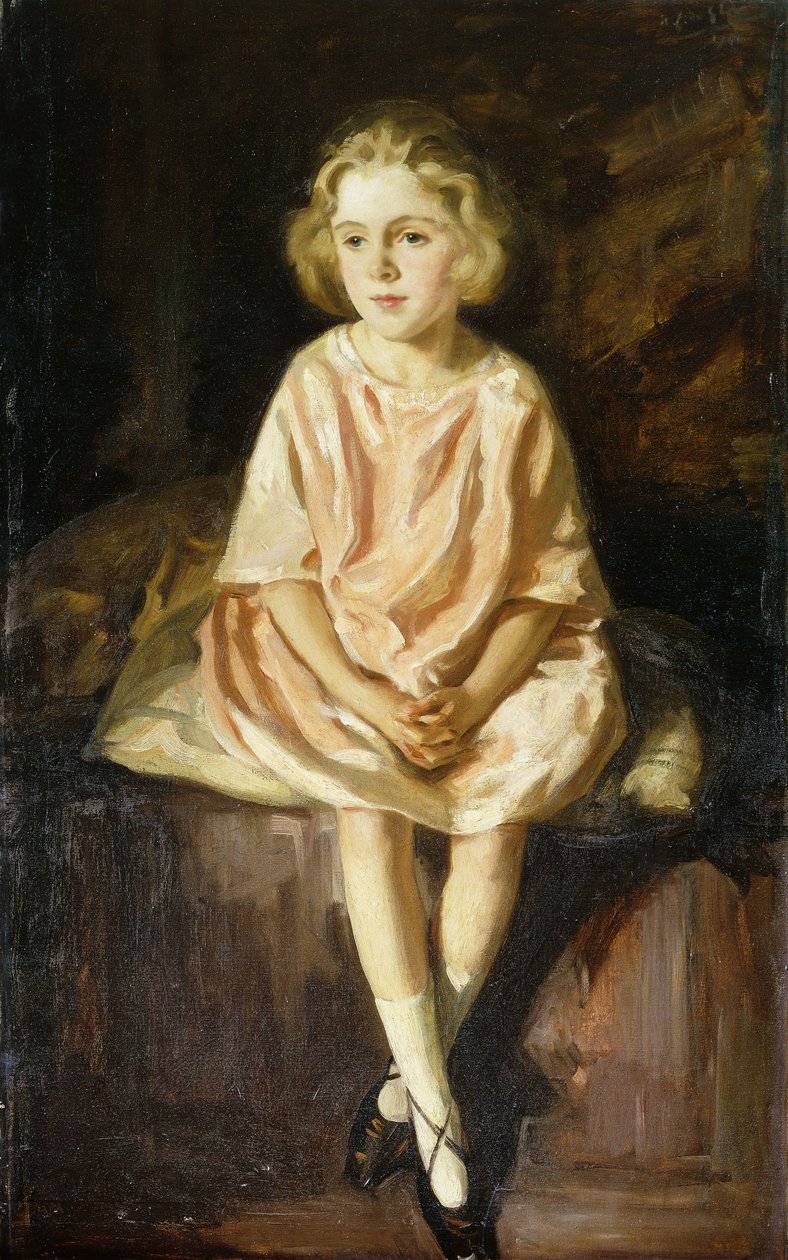Portrett av frøken Vincent sitter i en rosa kjole av Wilfred Gabriel de Glehn