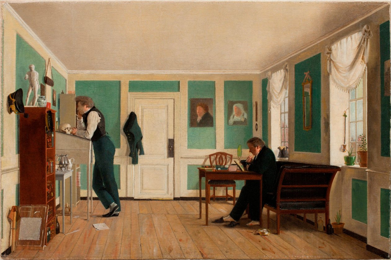 Interiør fra Amaliegade. Kaptein Carl Ludvig Bendz stående og Dr. Jacob Christian Bendz sittende av Wilhelm Bendz