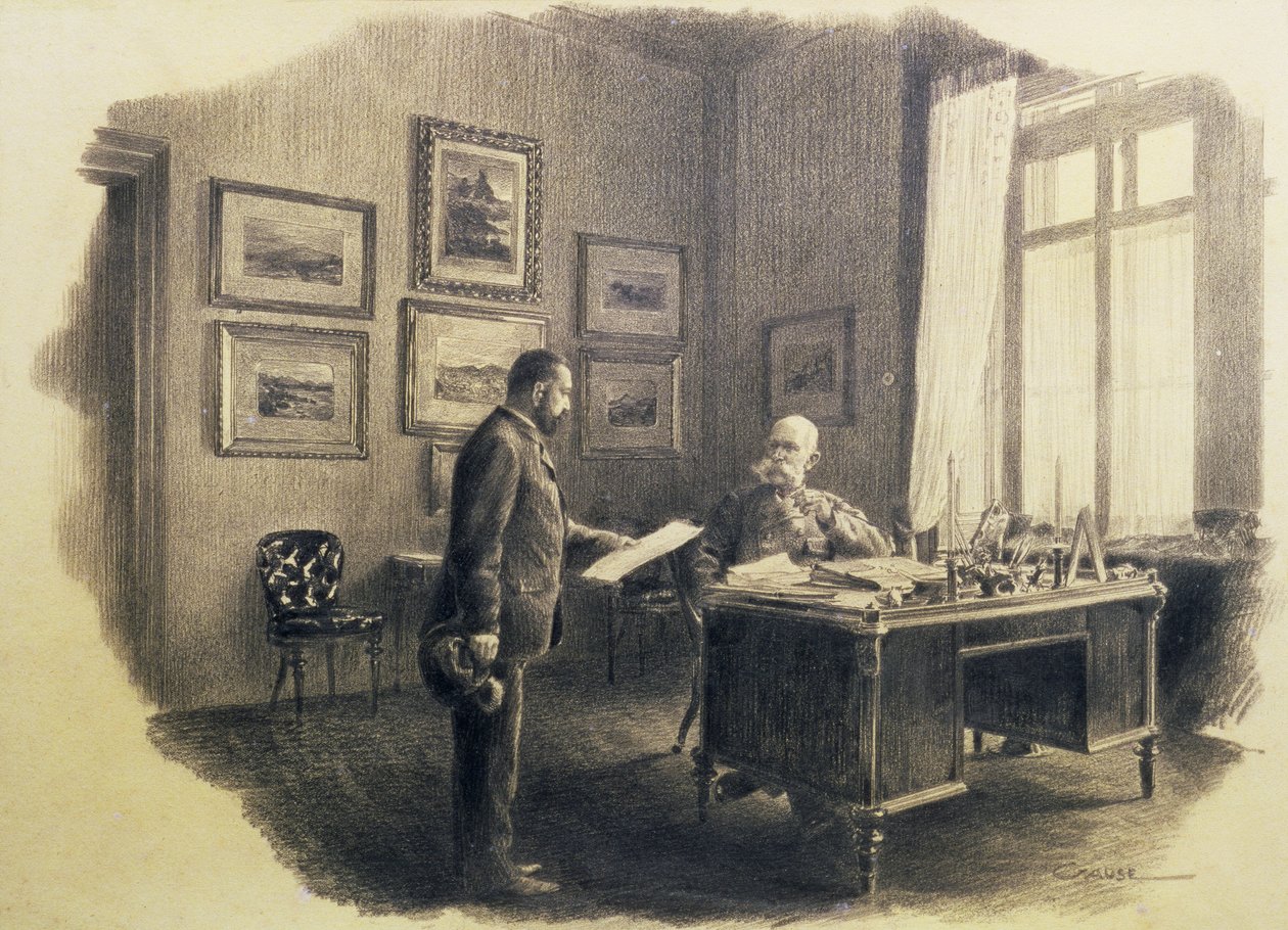 Keiser Franz Joseph I av Østerrike (1830-1916) ved skrivebordet sitt på Jagdrock (blyant) av Wilhelm Gause