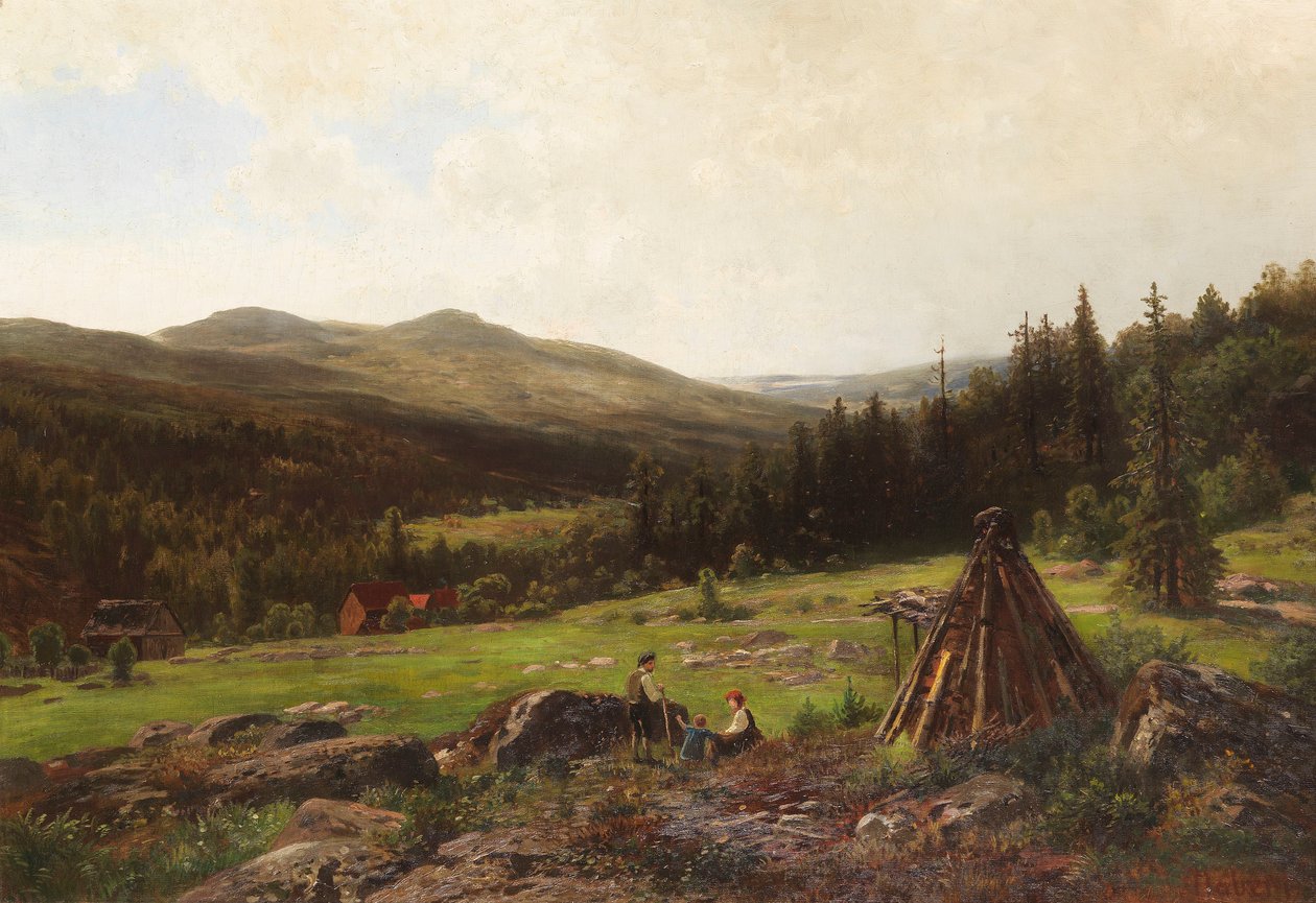 Koehler -familien foran et bredt kupert landskap av Wilhelm Julius August Nabert