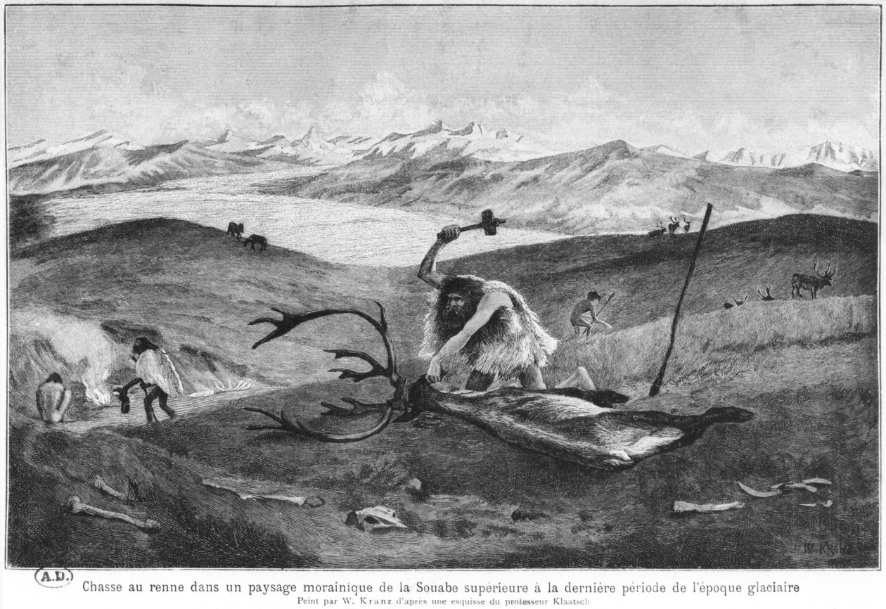 Reinsdyrjakt under sen istid i et morenelandskap i høye Souabe, etter en skisse av professor Klaatsch, ca. 1900 av Wilhelm Kranz