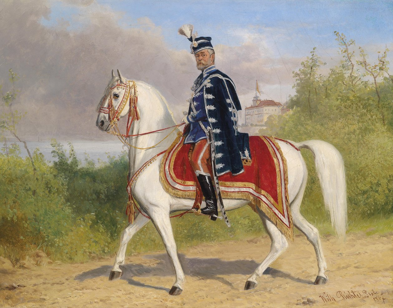 Ungarsk adelsmann (medlem av overkammeret) på hesteryggen, i bakgrunnen Acsa Castle av Wilhelm Richter