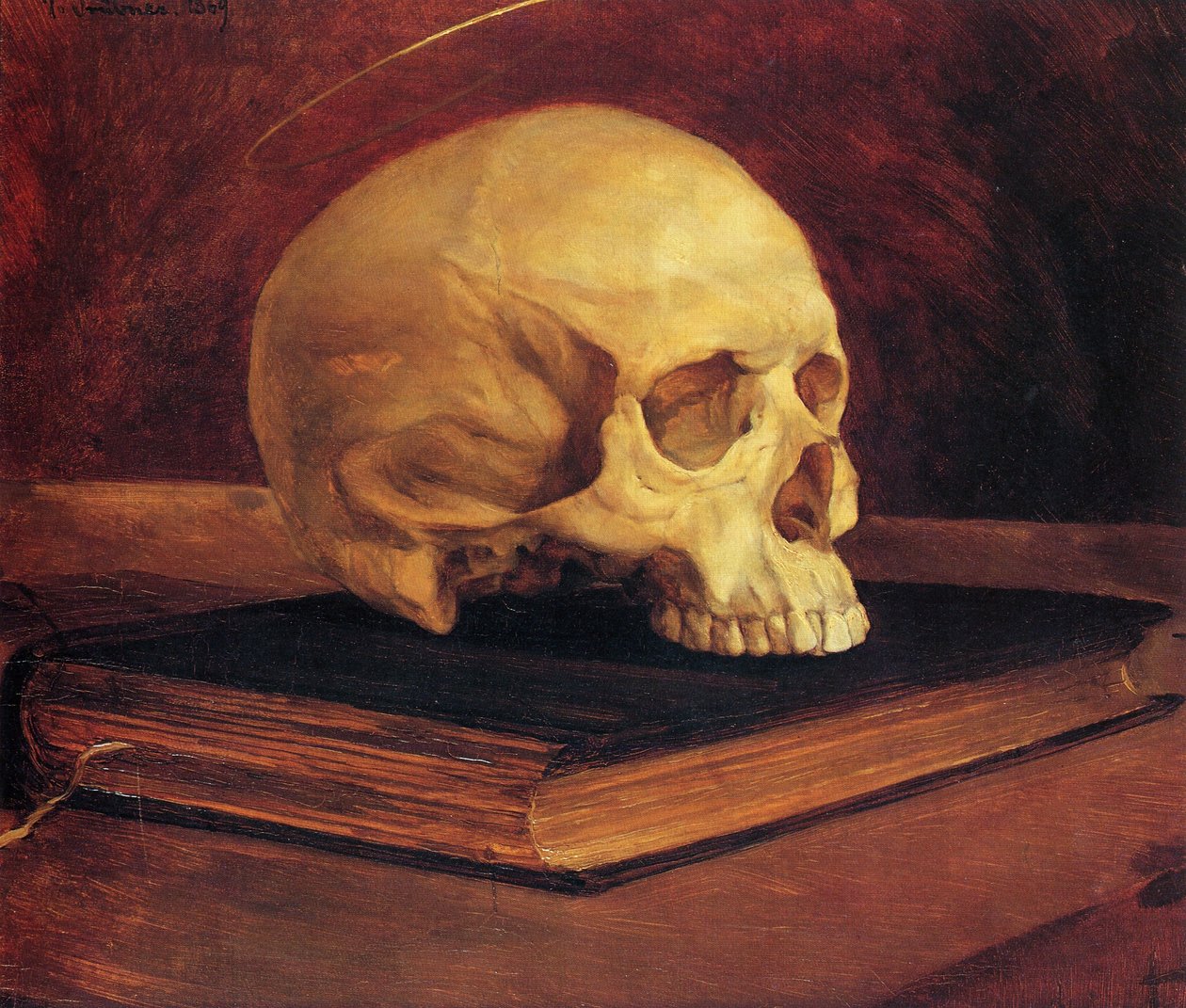 Vanitas stilleben. Hodeskalle på en bok av Wilhelm Trübner