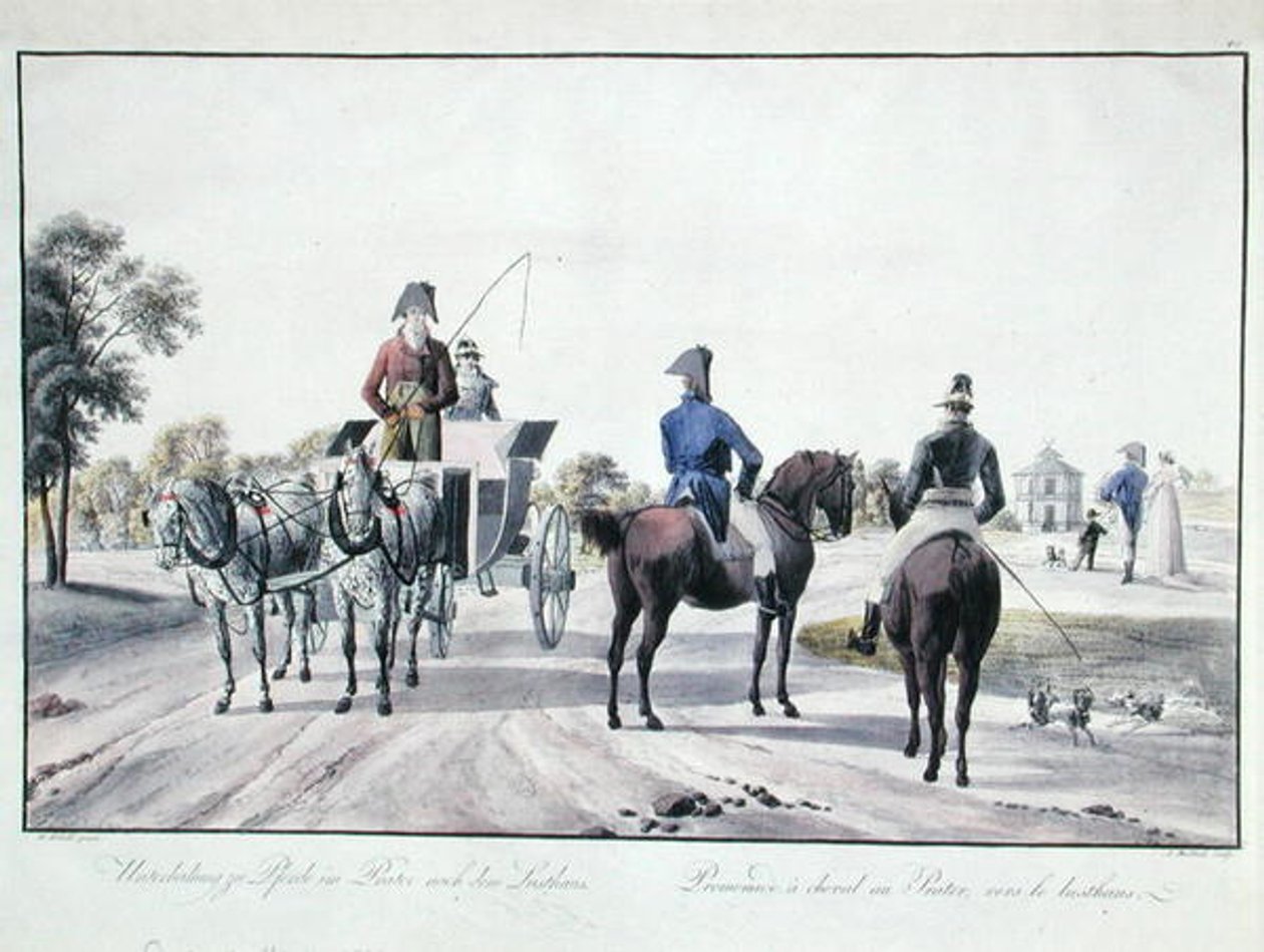 Riding i Prater Park, Wien, gravert av Adam von Bartsch (1757-1821) 1804 (farget gravering) av Wilhelm Alexander (after) Kobell
