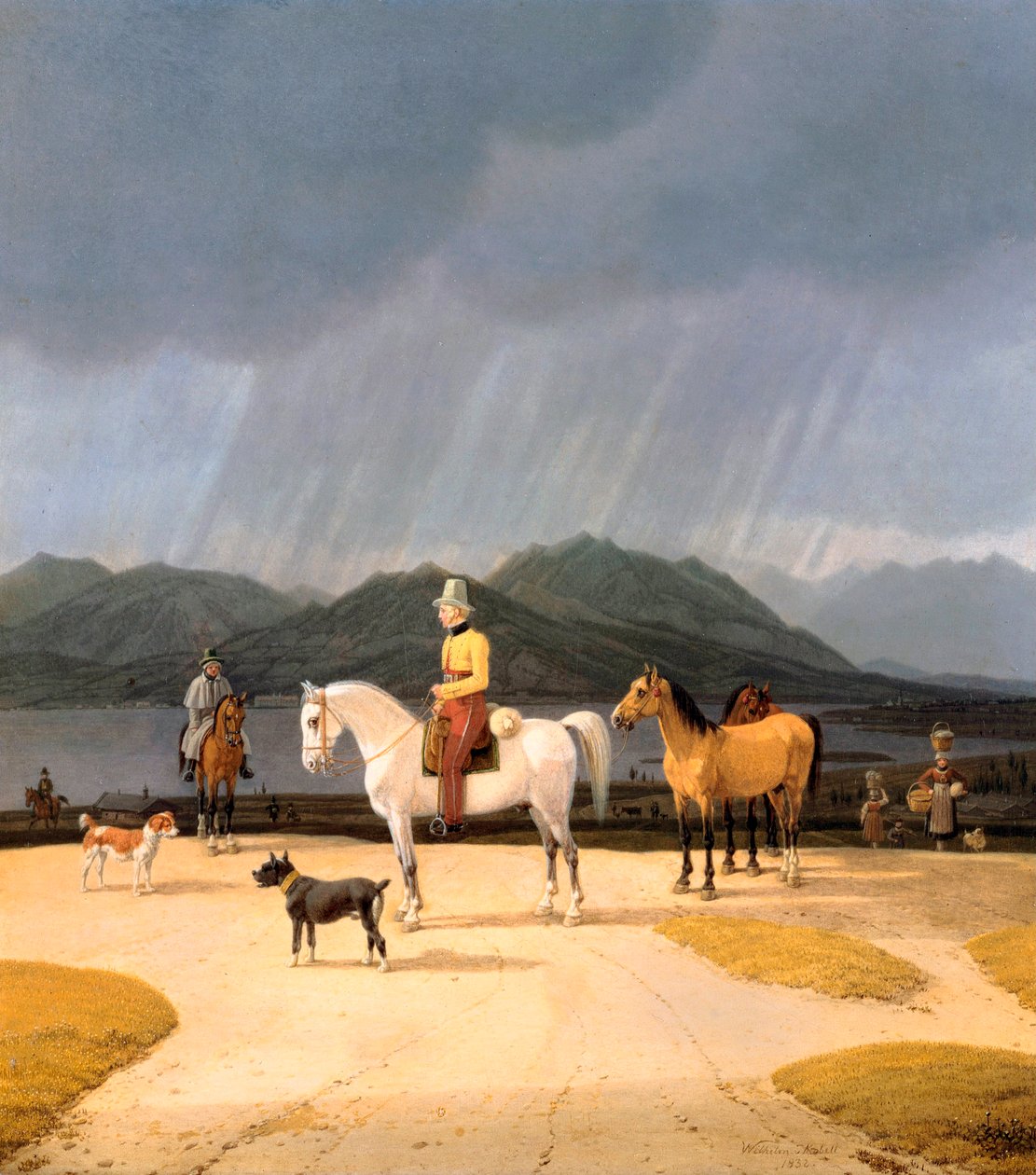 ""Cavaliers sur le lac Tegern Allemagne"" (Ryttere ved Tegernsee) Peinture de Wilhelm Ritter von Kobell (1766-1853) 1832 Olje på tre Dim 282x263 cm Statsmuseer, Berlin av Wilhelm Alexander Kobell