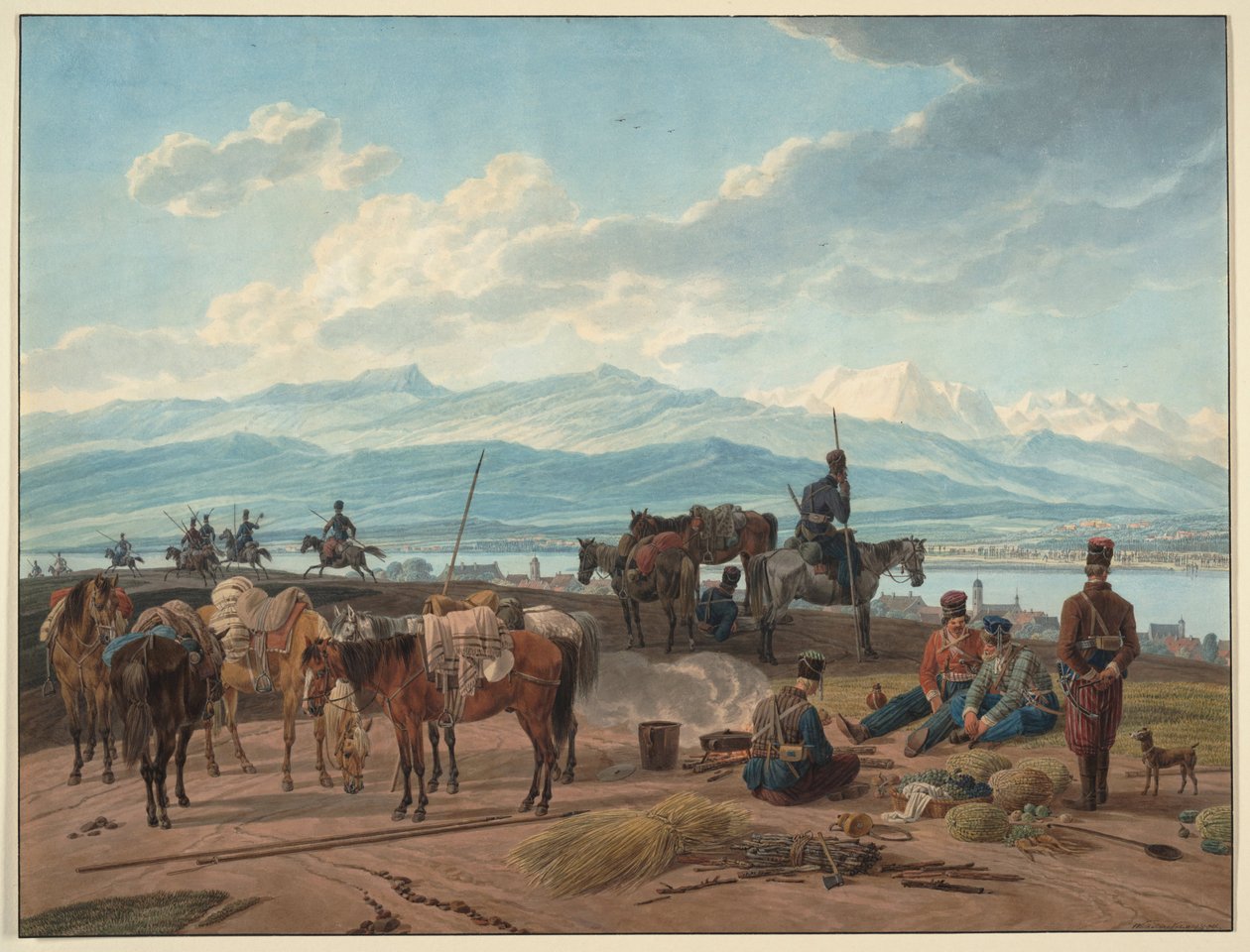 Halt av russiske kosakker - Kobell, Wilhelm, Ritter von (1766-1853) - 1804 - Akvarell på papir - 36,8x48,2 - Privat samling av Wilhelm Alexander Kobell
