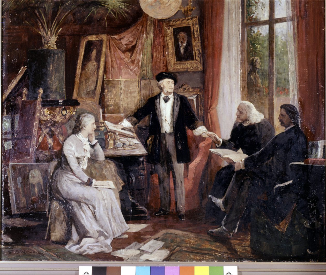 Fra venstre til høyre: Cosima Wagner, Richard Wagner, Franz Liszt og Walsogen ved Villa Wahfried i Bayreuth. maleri av Beckmann av Wilhelm Beckmann