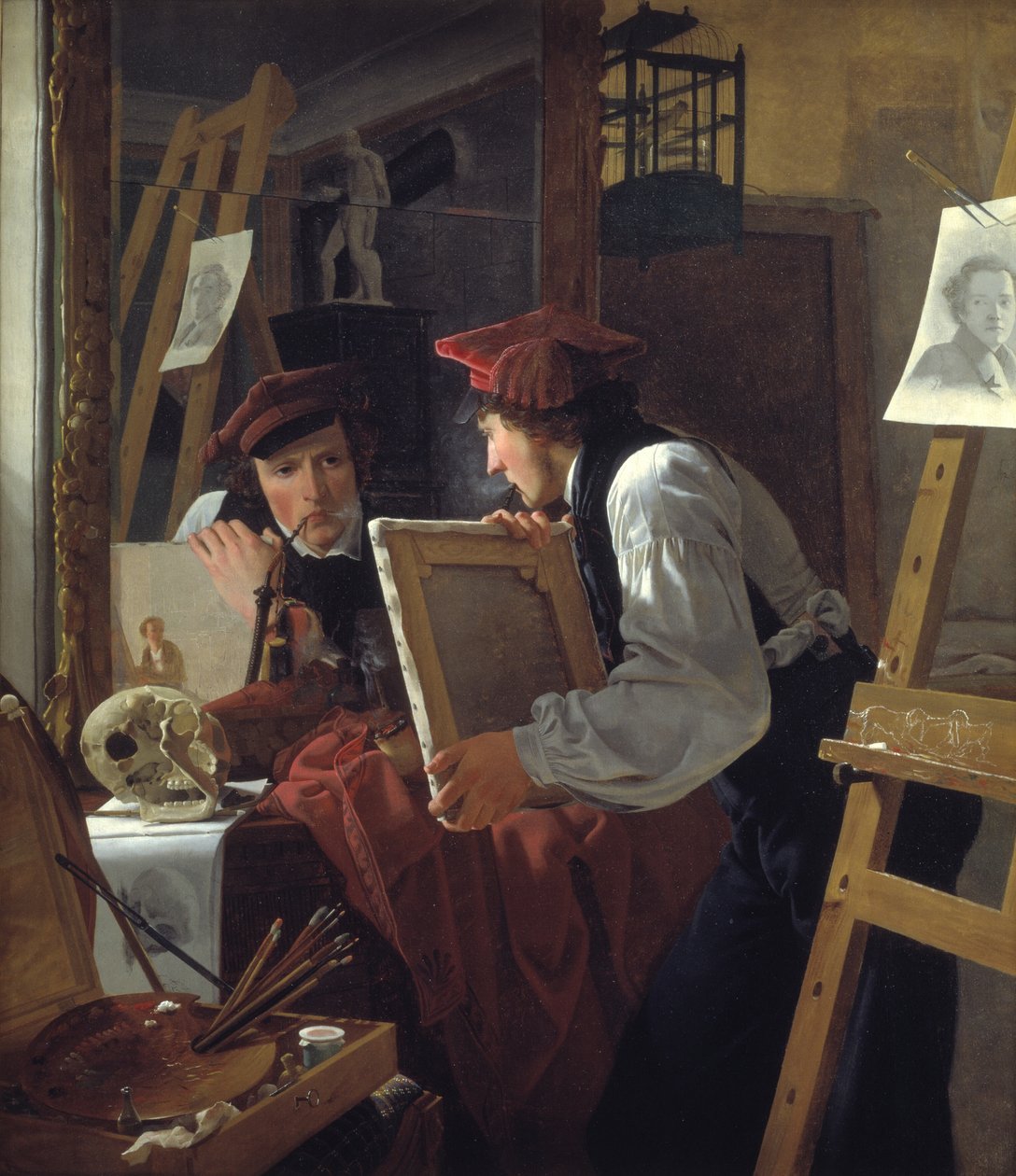 En ung kunstner (Ditlev Blunck) undersøker en skisse i et speil av Wilhelm Bendz