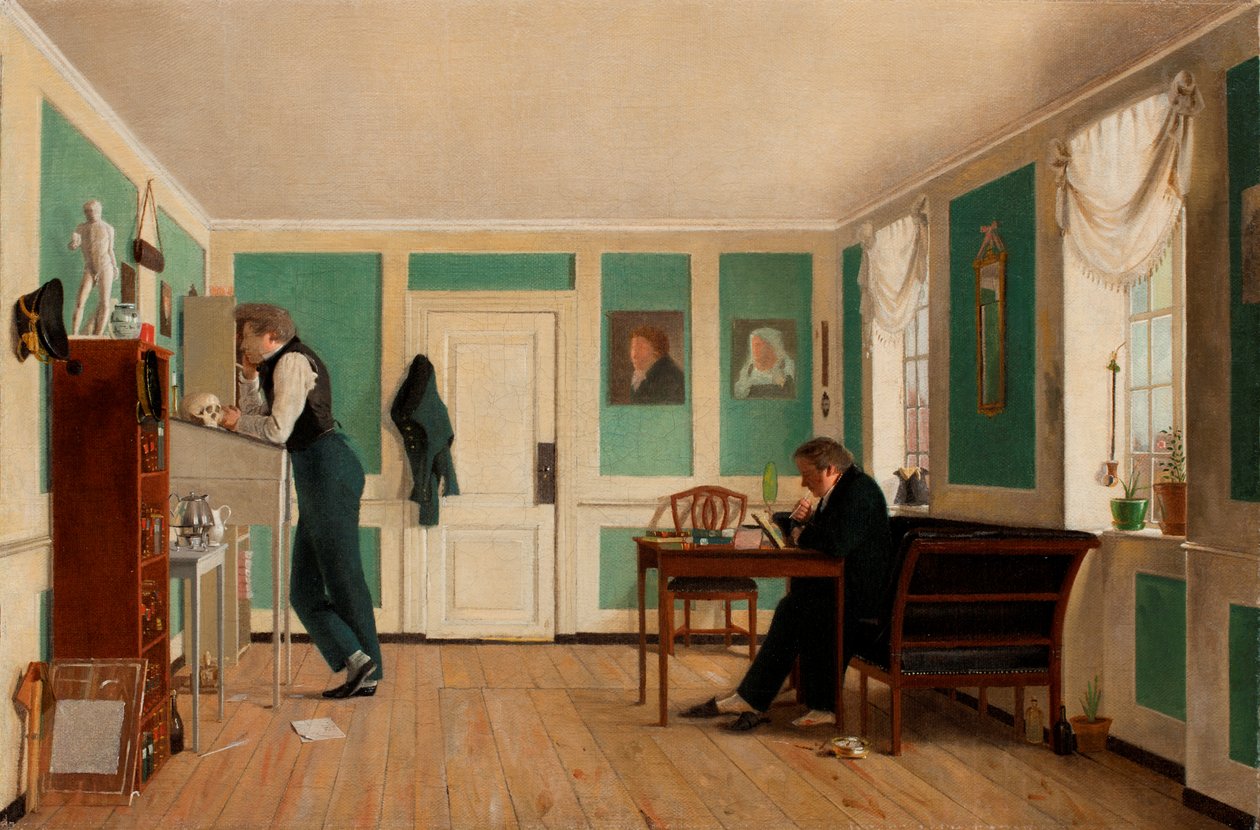 Interiør fra Amaliegade. Kaptein Carl Ludvig Bendz stående og Dr. Jacob Christian Bendz sittende av Wilhelm Bendz