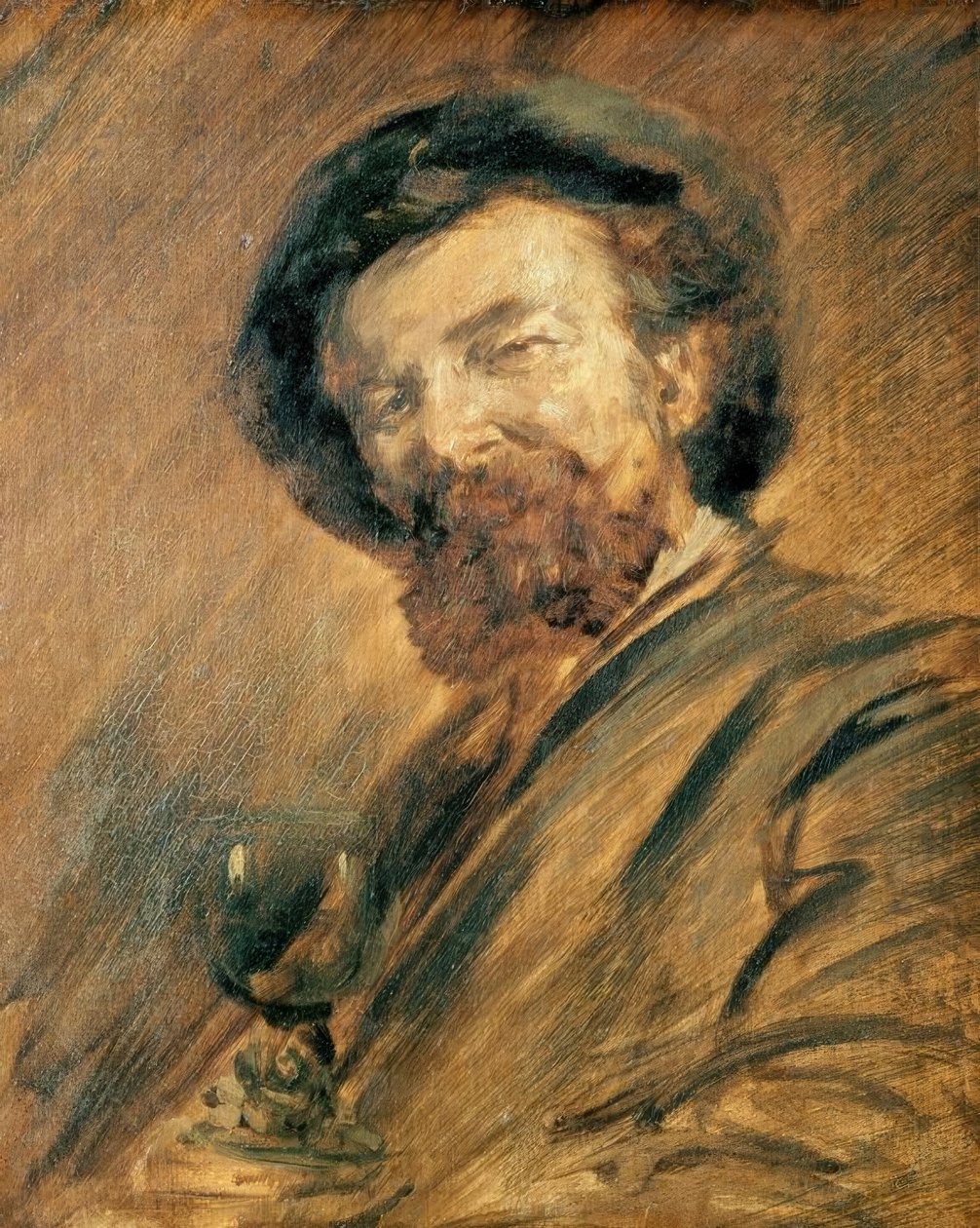 Selvportrett med vinglass av Wilhelm Busch