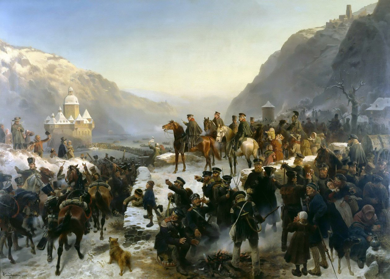 Blücher krysser Rhinen nær Kaub 1. januar 1814, 1860. av Wilhelm Camphausen