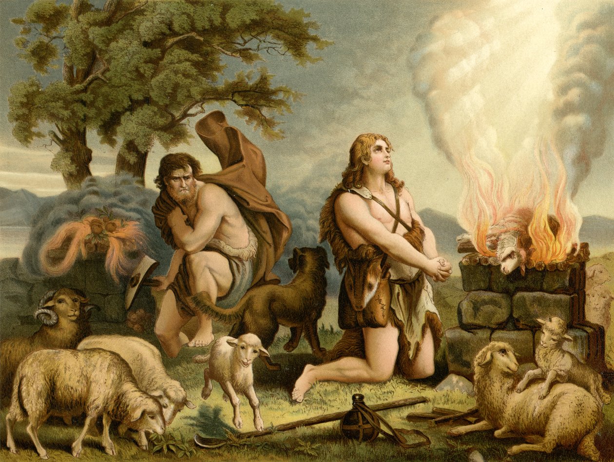 Ofringer av Kain og Abel (farge litho) av Wilhelm Ebbinghaus