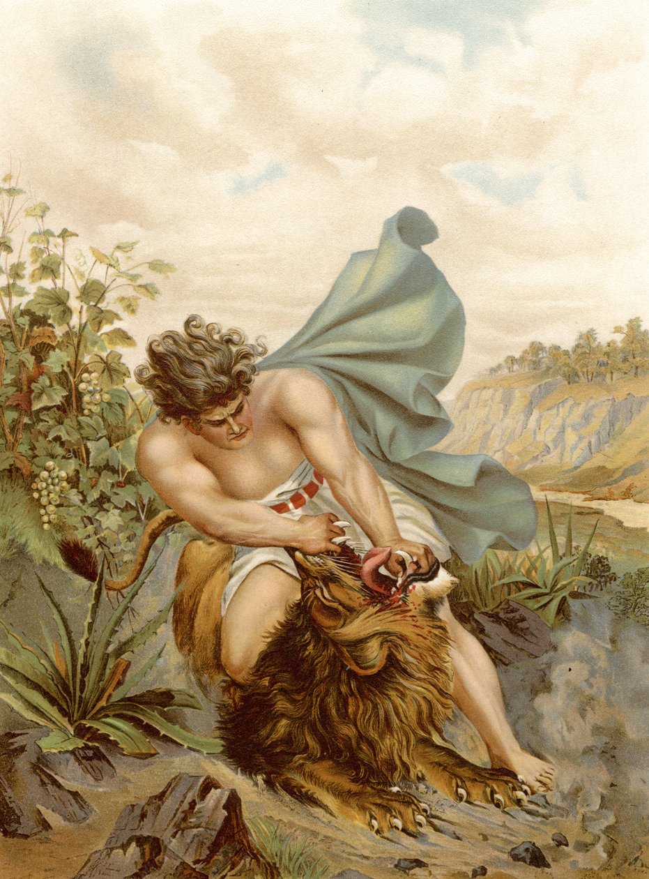 Samson dreper løven (farge litho) av Wilhelm Ebbinghaus