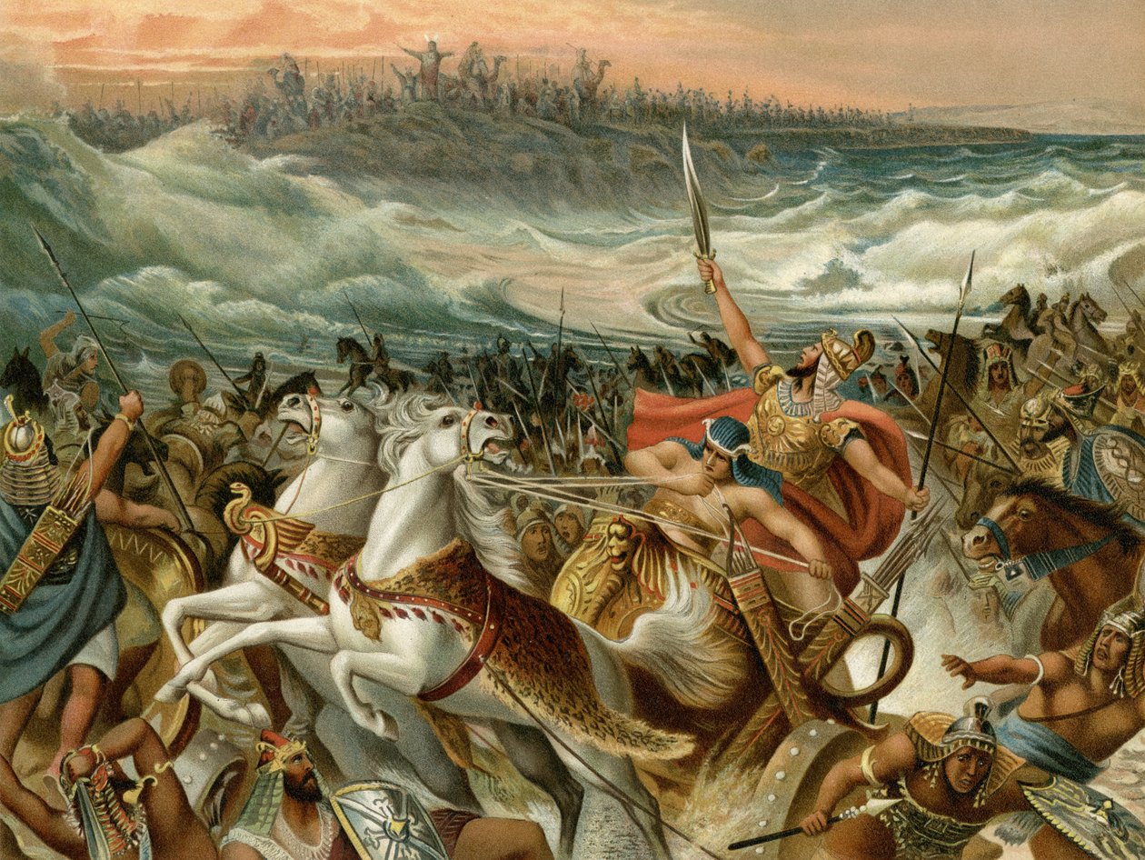 Israelittene reddet fra Rødehavet (farge litho) av Wilhelm Ebbinghaus
