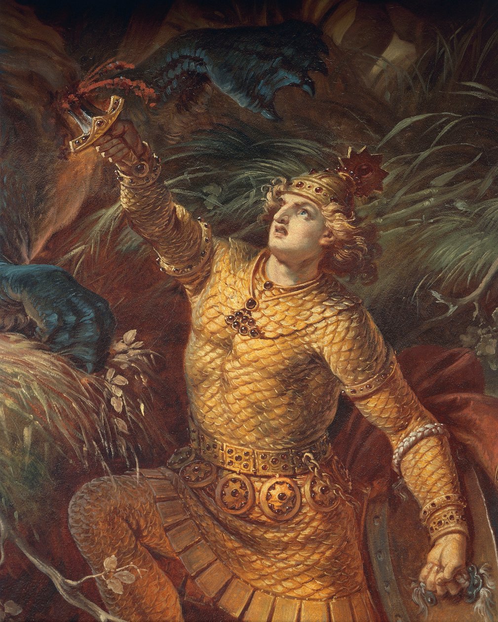 Sigurd dreper dragen Fafuir ved å holde Gram-sverdet, detalj, fra Sigurd Saga, Nedre Hall, ca. 1882-83 (veggmaleri) (se også 419035) av Wilhelm Hauschild