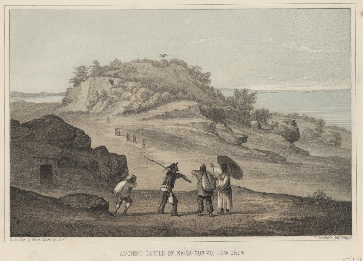 Det gamle slottet i Na-Ga-Gus-Ko, Lew Chew, 1855 av Wilhelm Joseph Heine